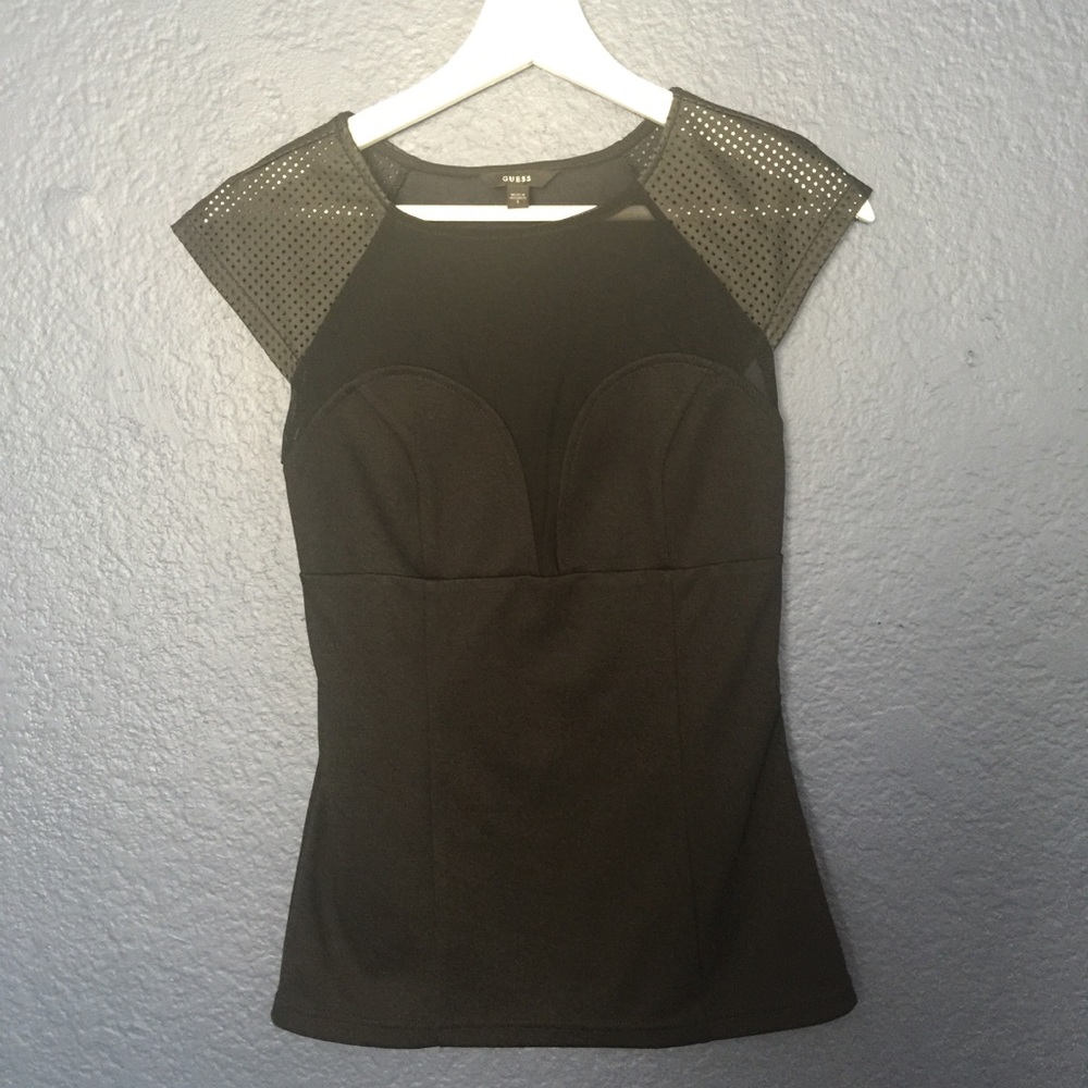 NEW GUESS Perforated Sleeves With Mesh Detail Top